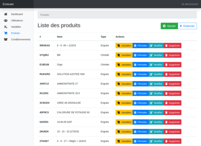 Products administration interface